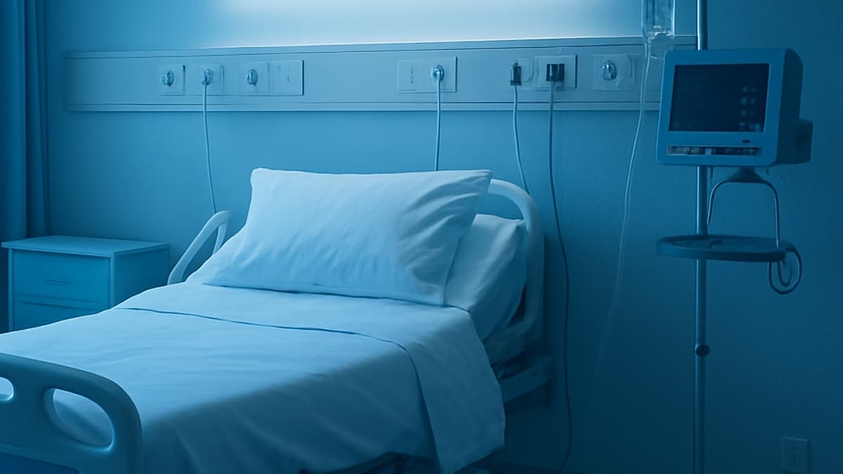 Chambre d'hôpital avec lumière bleue.