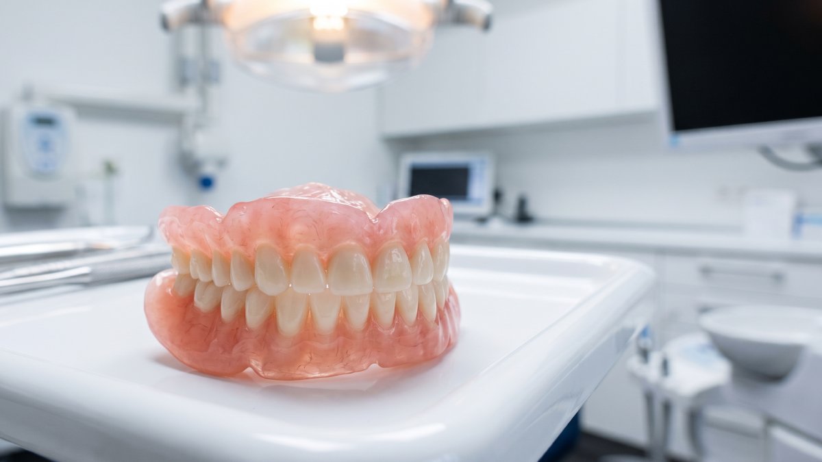Dentier posé sur une surface dans un cabinet dentaire.